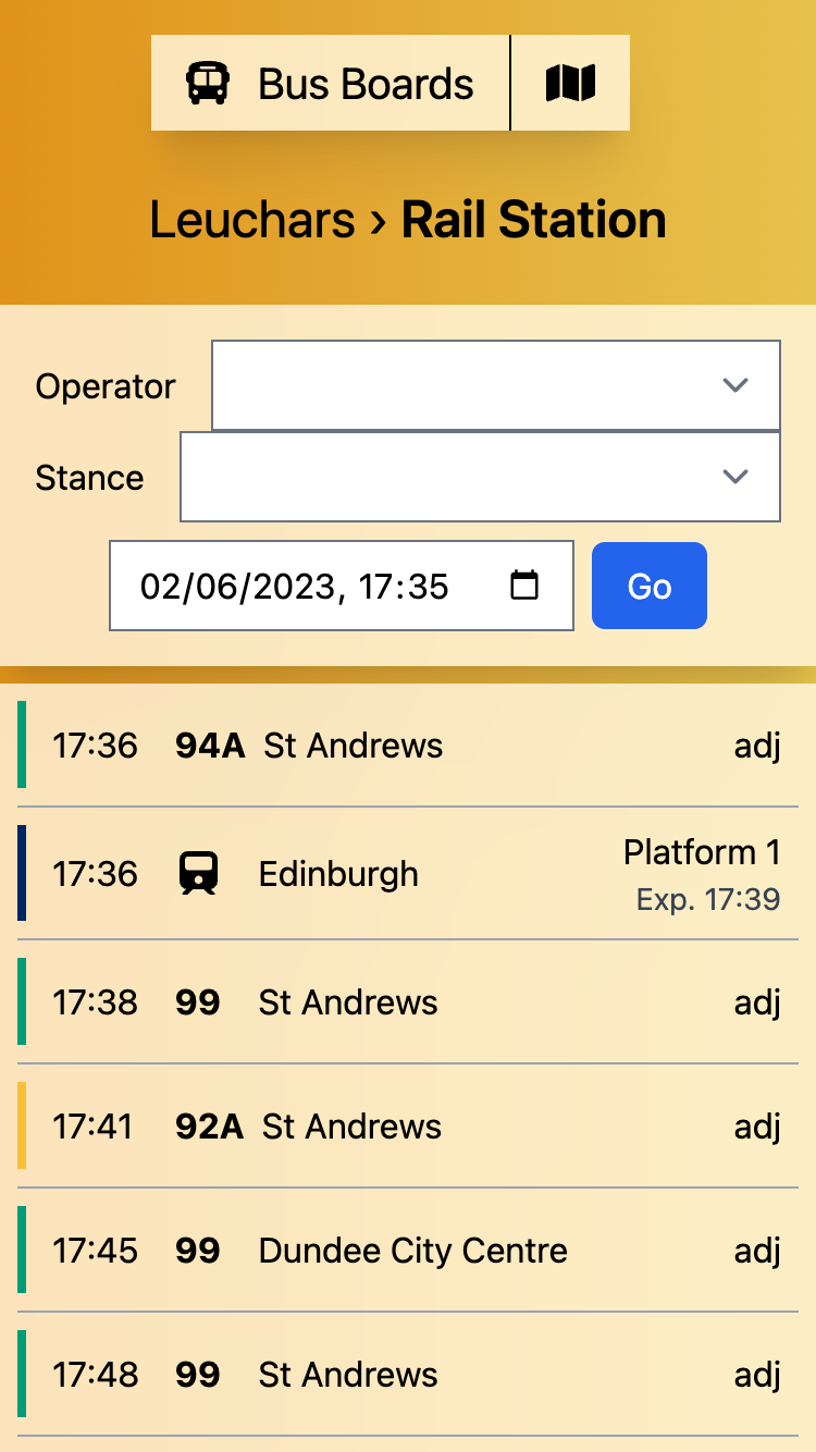 Bus Boards website listing departures at Leuchars Rail Station